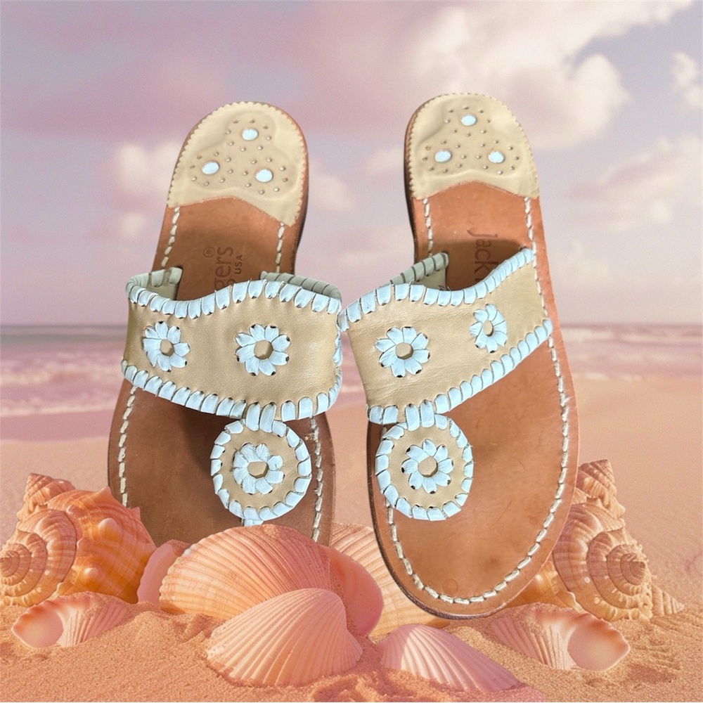 Jack Rogers Cream and Blue Sandals with Whipstitching